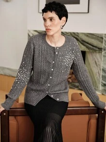 Uhlyne Gray Cable Knitwear Cardigan With Composite Bead Embellishments Halloween Women Sweaters,Spring/Autumn/Winter Women, Retro,Work Wear, Office Wear, Teacher Outfits, Back To School, Fall , Business Casual, Old Money Style,Preppy Academia College Style - Grey - View 6