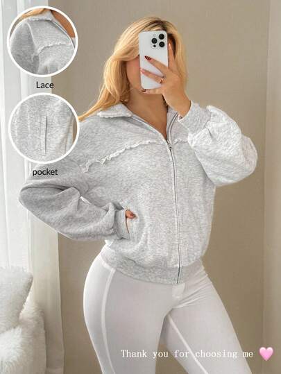 Sweetina 女士休闲蕾丝拼接超大连帽衫秋冬女装