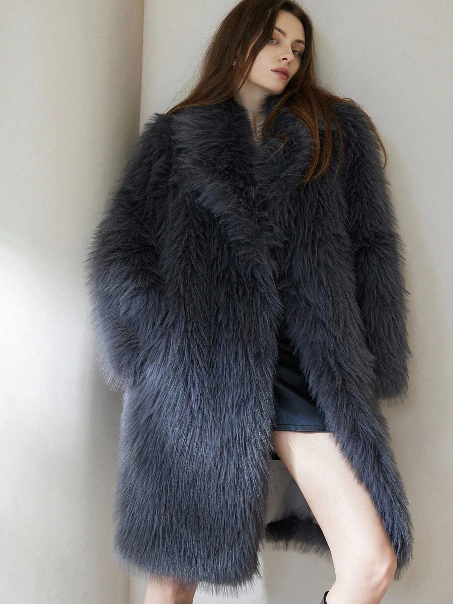Aveloria Modichic 女士时尚渐变色中长款仿皮草冬季大衣 - 深灰色 - 查看 1