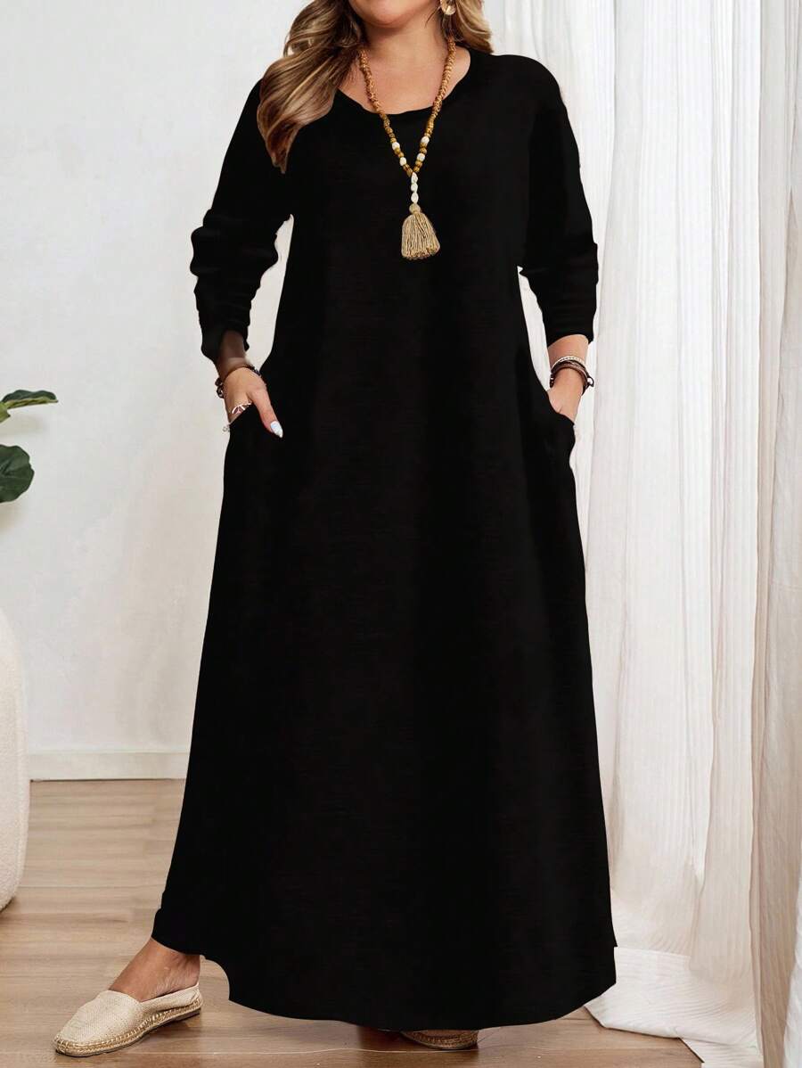 EMERY ROSE Váy midi dáng chữ A dài tay màu đen cỡ lớn, trang phục thường ngày cho ngày lễ dành cho nữ, mùa thu/đông - Nhiều màu - Xem 1