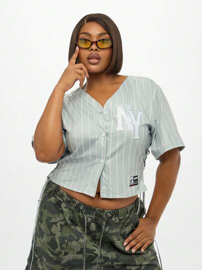 SUMWON Plus Size Vintage Baseball Jersey Style Top Pinstripe Button Down Short Sleeve Crop With NY Logo Casual Summer Spring