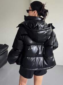 DAZY 女士宽松街头风连帽羽绒服外套冬季皮夹克 - 黑色 - 查看 3