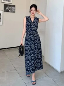 DAZY 女式花卉印花纹理 V 领无袖牛仔短款上衣和宽松长裙 2 件套休闲度假牛仔套装 - 深色水洗藍 - 查看 6