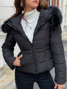 DAZY Women's Autumn/Winter Fitted Padded Coat With Furry Collar And Waist Drawstring Jacket - Black - View 7