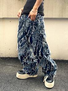 PAVTROS 男士口袋磨边休闲阔腿牛仔裤