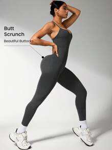 Easithlete Women's Backless Halter V-Neck Criss-Cross Seamless Jumpsuit Sports Pants