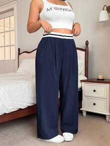 SHEIN EZwear 秋冬海军蓝色撞色口袋休闲大码阔腿裤 - 藏蓝色 - 查看 3