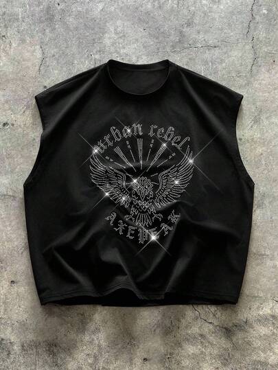 AXEPEAK Men Plus Size Rhinestone Eagle Letter Graphic Round Neck Tank Top, Emo