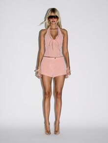 KIZN Vintage Inspired Suede Halter Corset Top With Lace Up Front Festival Party Club Night Out Y2K Fashion Cropped Bustier