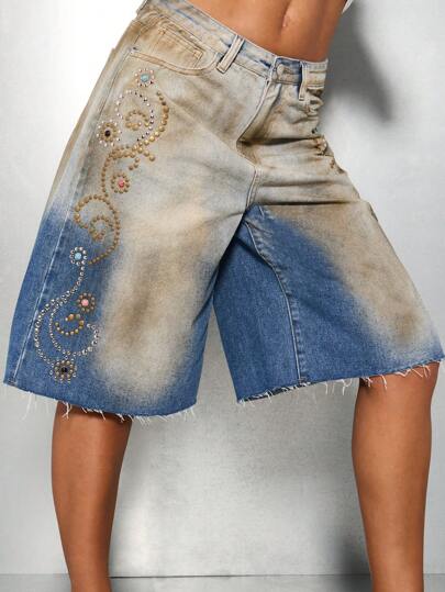 SUMWON WOMEN 复古牛仔百慕大短裤高腰水晶铆钉西部图案做旧毛边牛仔短裤夏季节日波西米亚复古风格