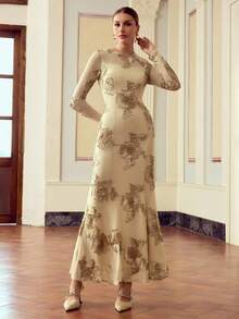 ZEYLAH Vestido de mujer con cuello redondo, mangas raglán, malla con lentejuelas y decoración de cinta bordada - Albaricoque - Ver 4