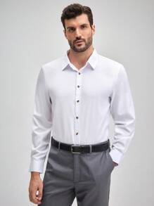 Men's Solid Color Long Sleeve Single-Breasted Casual Formal Business Dress Shirt, Fall Old Money Men's White Dress Shirt Spring To Summer - White - View 8