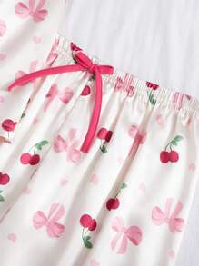 2pcs Summer Pajama Set For Women, Thin Bowknot, Cherry & Heart All-Over Print Short Sleeve Top And Shorts