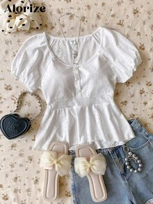 Stylish White Scoop Neck T-Shirt For Teen Girls With Short Puffed Sleeves White Babydoll Top Summer Babydoll Top Eyelet Babydoll Top Babydoll Top With Sleeves White Summer Blouse - White - View 7