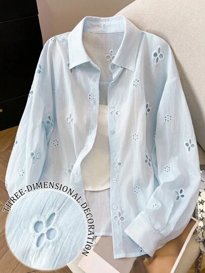 Airaco 女士休闲纯色镂空刺绣衬衫