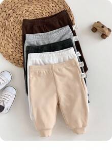 5pcs Newborn Baby Boy/Girl Casual Solid Color Elastic Waist Pants, Autumn/Winter Fall - Multicolor - View 5