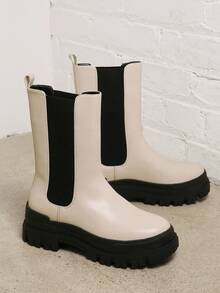 SHUZIA Elastic Side Panel Contrast Sole Boots - Beige - View 2