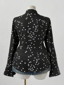 Sunspun Blusa holgada de manga larga con puños acampanados, cintura ceñida, estilo universitario retro francés con estampado a rayas, adecuada para la temporada de regreso a clases, uso diario, citas, fiestas de regreso a clases, vacaciones, talla grande para mujeres - Multicolor - Ver 2