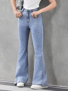 Sparklyn 少女休闲时尚简约设计洗水浅蓝色喇叭牛仔裤 - 中等水洗藍 - 查看 6