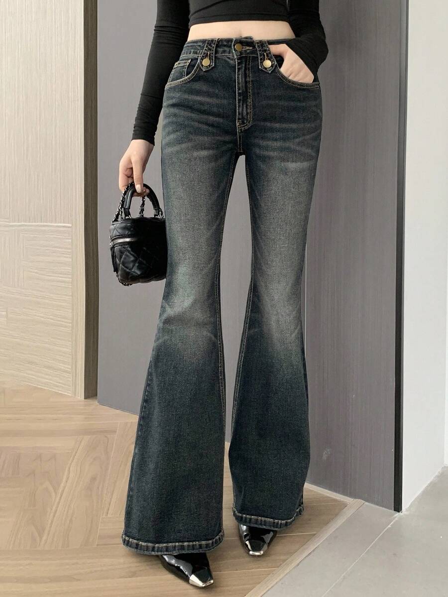 DAZY Women's Low-Waist Flare Jeans, Sexy And Stylish - Dark Wash - View 1