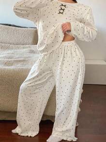 Dazy Plus 大码女式蝴蝶结装饰撞色蕾丝波点宽松睡衣套装，上衣和裤子，舒适套装，秋冬服装 - 白色 - 查看 1