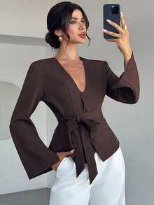 Firerie 女士休闲优雅修身流行色西装外套，适合商务谈判、返校季、通勤/教师装/办公室装/秋季女装/女士冬装/别致秋季/棕色上衣 - 紅木色 - 查看 5