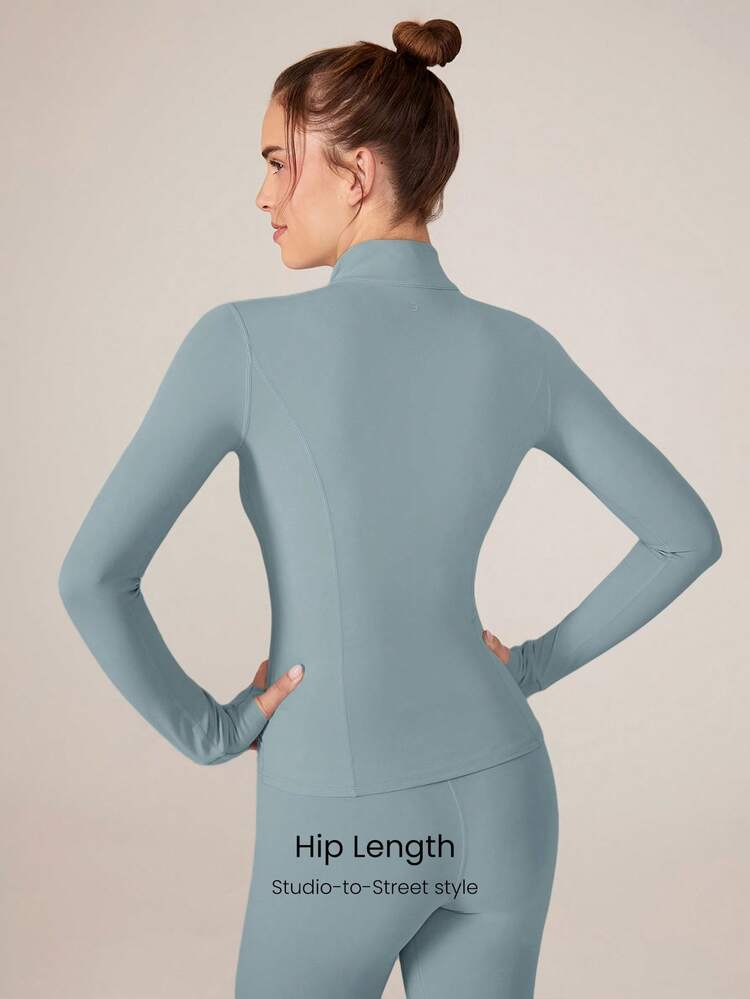 FeatherFit™ 슬림 스트림라인 퍼포먼스 안전 주머니 지퍼 업 긴팔 자켓 요가 일상 가을용 저강도
