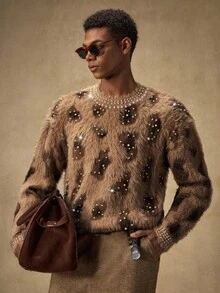 Áo len chui đầu thời trang nam AKNOTIC, họa tiết da báo jacquard đính ngọc trai giả, mẫu mới Thu/Đông, dáng rộng thoải mái, sang trọng cho Giáng sinh, Năm mới. - Cà phê nâu - Xem 4