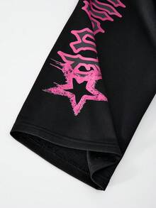 SHEIN Tween女孩秋季套裝 2件組圓領黑色粉色寬鬆圖案印花連帽衫＋寬腿褲套裝 可愛返校休閒運動賽車風 - 深灰色 - 查看 6
