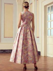 ZEYLAH Đầm không tay thiết kế xếp ly cổ chữ V họa tiết hoa jacquard thanh lịch dành cho nữ - Hồng - Xem 3