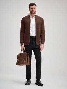 OFFICEAU 男士 Old Money 拉链立领针织开衫，纯咖啡棕色，秋冬款