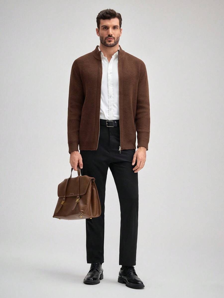 OFFICEAU 男士 Old Money 拉链立领针织开衫，纯咖啡棕色，秋冬款