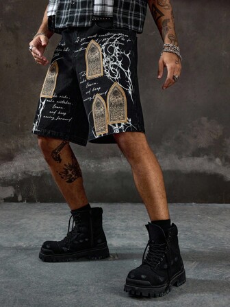 Goth Pantaloncini di jeans casual larghi con grafica e slogan sulla tasca per uomo