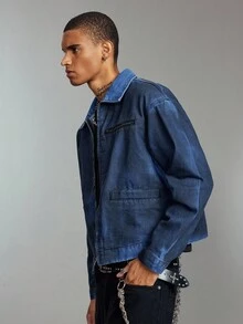 ROMWE MEN Street Life Áo khoác denim dáng rộng thoải mái có khóa kéo phía trước dành cho nam, mùa thu - Màu xanh hải quân - Xem 5