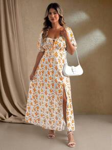 Flirla Gaun Kasual Musim Panas Ukuran Besar dengan Motif Bunga Kecil dan Belahan Tinggi - Kuning - View 5
