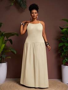 春夏新款度假休闲优雅派对纯色咖啡色修身无袖吊带背心针织镂空拼接梭织面料大码女式修身A字连衣裙 - 杏色 - 查看 3