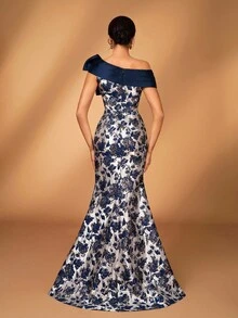 Serin Elegant Luxurious Jacquard Satin Off Shoulder Sleeve Mermaid Dress, Suitable For Weddings, Parties, Vacations, Balls, Bride Mother Evening Gowns - Navy Blue - View 3