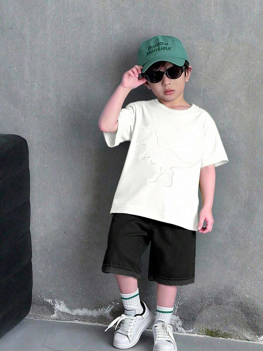 2件套小男孩恐龙3D压花T恤和牛仔短裤套装 - 白色 - 查看 1