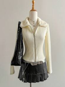 Elamini Cream Yellow Knitted Ribbed Patchwork Double-Sided Fleece Collar Zip-Up Fitted Long Sleeve Jacket, Elegant Vintage College Style For Commute, Office, Casual, Daily Wear, Dates, Autumn/Winter For Women