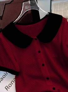 Franclia Color Block Peter Pan Collar Casual Commuter Minimalist Style Women Shirt, Spring/Summer - Burgundy - View 3