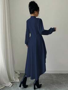 Elenzga Short Front And Long Back Stand-Up Collar Open Placket A-Line Lotus Leaf Puff Sleeves Long Sleeves Long Shirt