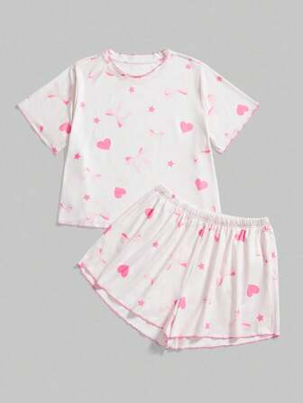 Ensemble pyjama short à manches courtes avec imprimé nœud et cœur tout-sur-tout, style décontracté kawaii, grande taille