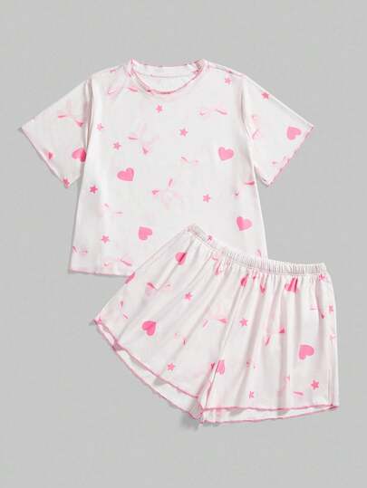 Kawaii Ensemble pyjama short à manches courtes avec imprimé nœud et cœur tout-sur-tout, style décontracté kawaii, grande taille
