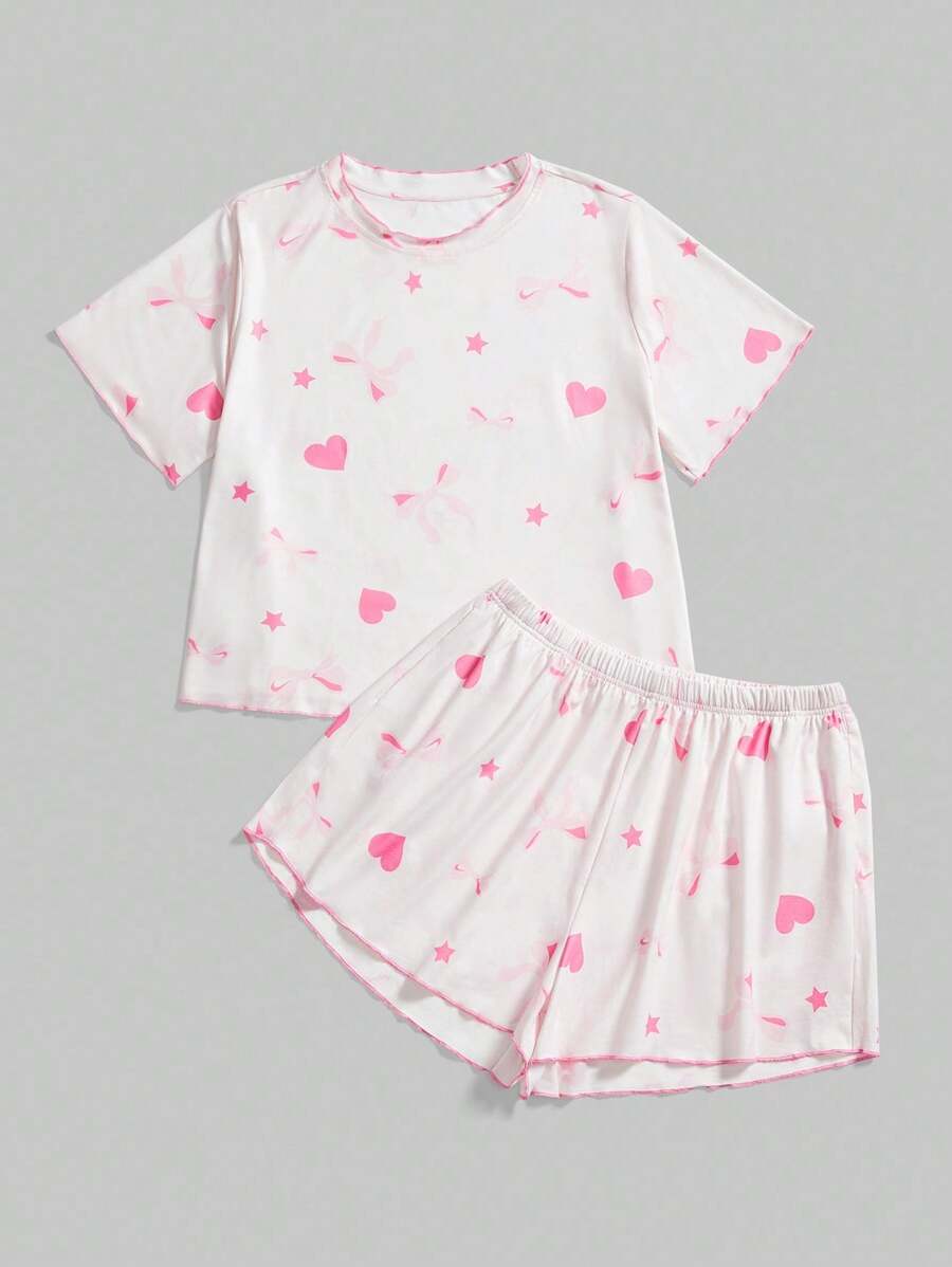 ROMWE Kawaii Summer Casual Kawaii Bow & Heart All-Over Print Plus Size Short Sleeve Shorts Pajama Set