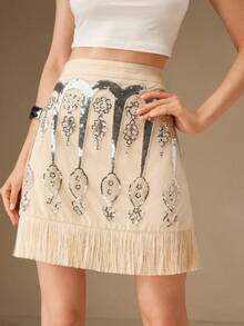 Anewsta Women's Elegant Sequin Embroidered Flounce Hem Skirt, Luxurious Party Costume For Halloween, Christmas, Fashion & Versatile