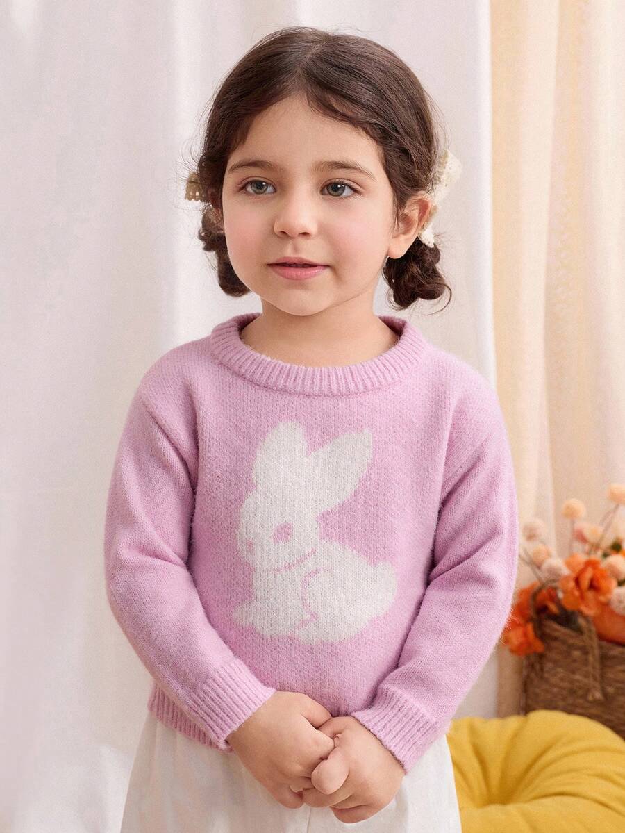 Blossori Baby Girls' French Elegant Rabbit Pattern Crew Neck Sweater Fall Winter - Multicolor - View 1