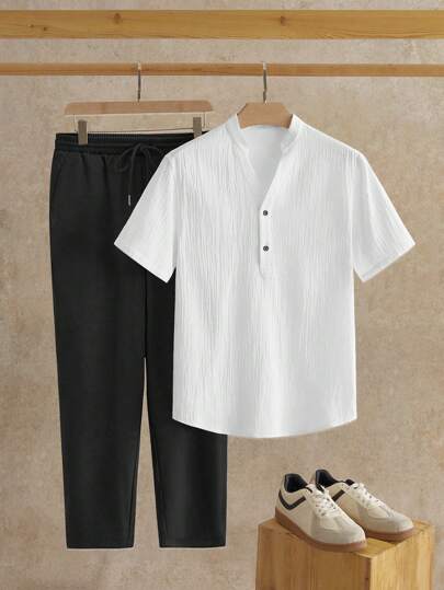 Manfinity NXTstreet 男士衬衫套装、男士两件套休闲套装、男士夏季休闲套装、亨利衫和裤子套装、泡泡纱运动服、纹理面料套装、男士亚麻混纺服装、男士运动休闲套装、抽绳慢跑裤套装、极简夏季服装、男士两件套夏季套装（含纹理泡泡纱亨利衫和抽绳慢跑裤）、透气轻便的休闲装