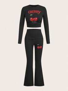 Slaydiva Quần áo thu 2025 dành cho nữ/Quần áo mùa đông dành cho nữ/Bộ 2 món dành cho nữ/Quần jeans ống loe/Áo dài tay/Quần yoga cổ tròn đơn giản tay dài Quần tập yoga xếp ly ngắn Quần ống rộng quần ống loe Quần dài Bộ đồ hai mảnh dành cho nữ/Họa tiết anh đào/Quần áo Y2k/Thời trang dạo phố/Áo đi chơi dành cho nữ/ - màu đen - Xem 4