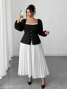Elenzga Vestido curto plus size com decote quadrado e manga bufante, saia plissada, slim - Preto e Branco - Ver 3