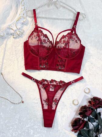 SHEIN 2pcs Plus Size Women Burgundy Floral Underwire Bra And Panty Set, Supportive Longline Bra And Shapewear Shorts Red Lace Lingerie Set Red Lace Bra Floral Lace Lingerie Set Burgundy Lingerie Set Embroidered Lingerie Set, Lift